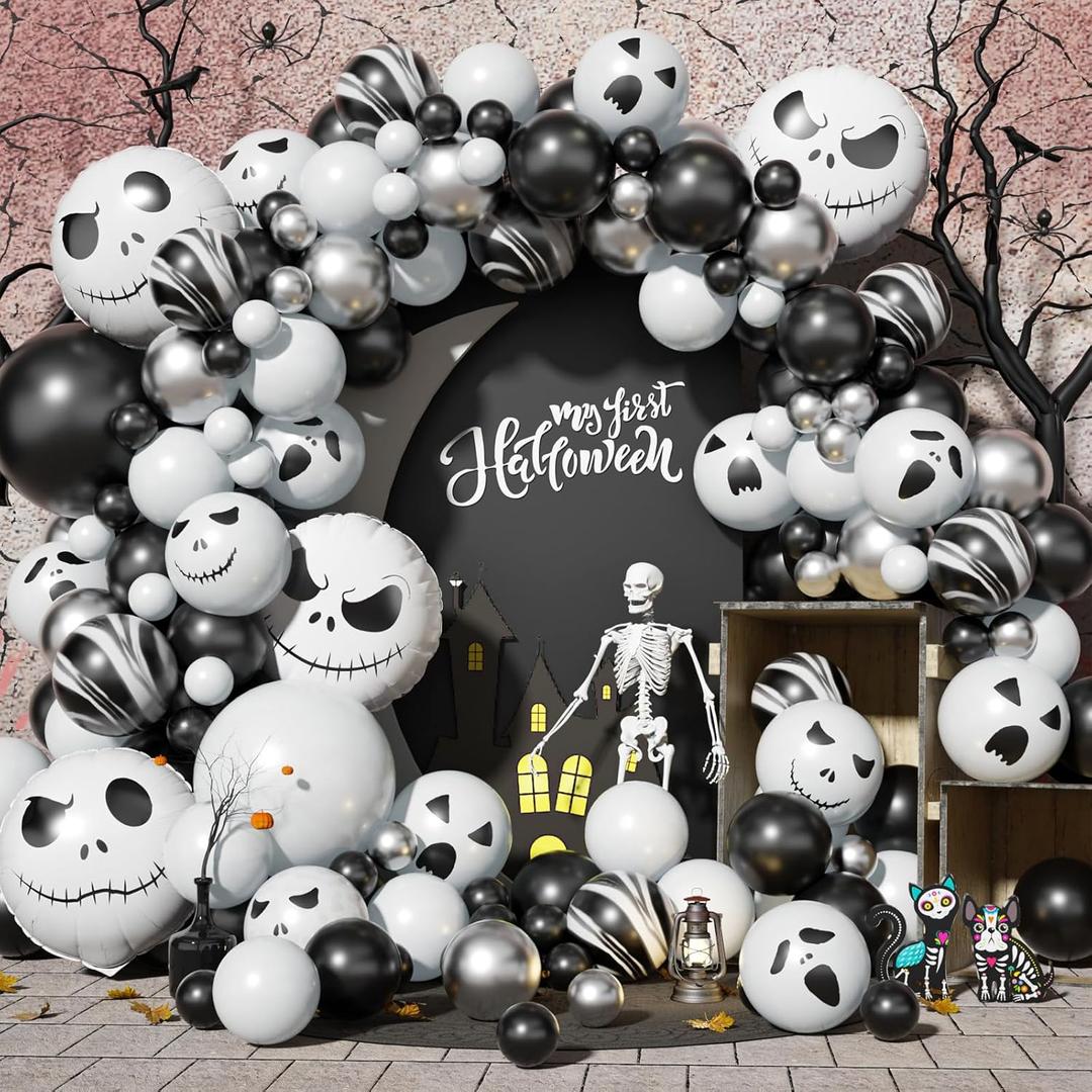 Halloween Balloon Arch Garland Kit with Skull Foil Balloons, 108 pcs Black Agate Marble White Metallic Silver Latex Balloons with Ghost Face Print Balloon for Kids Halloween Party Decorations Supplies