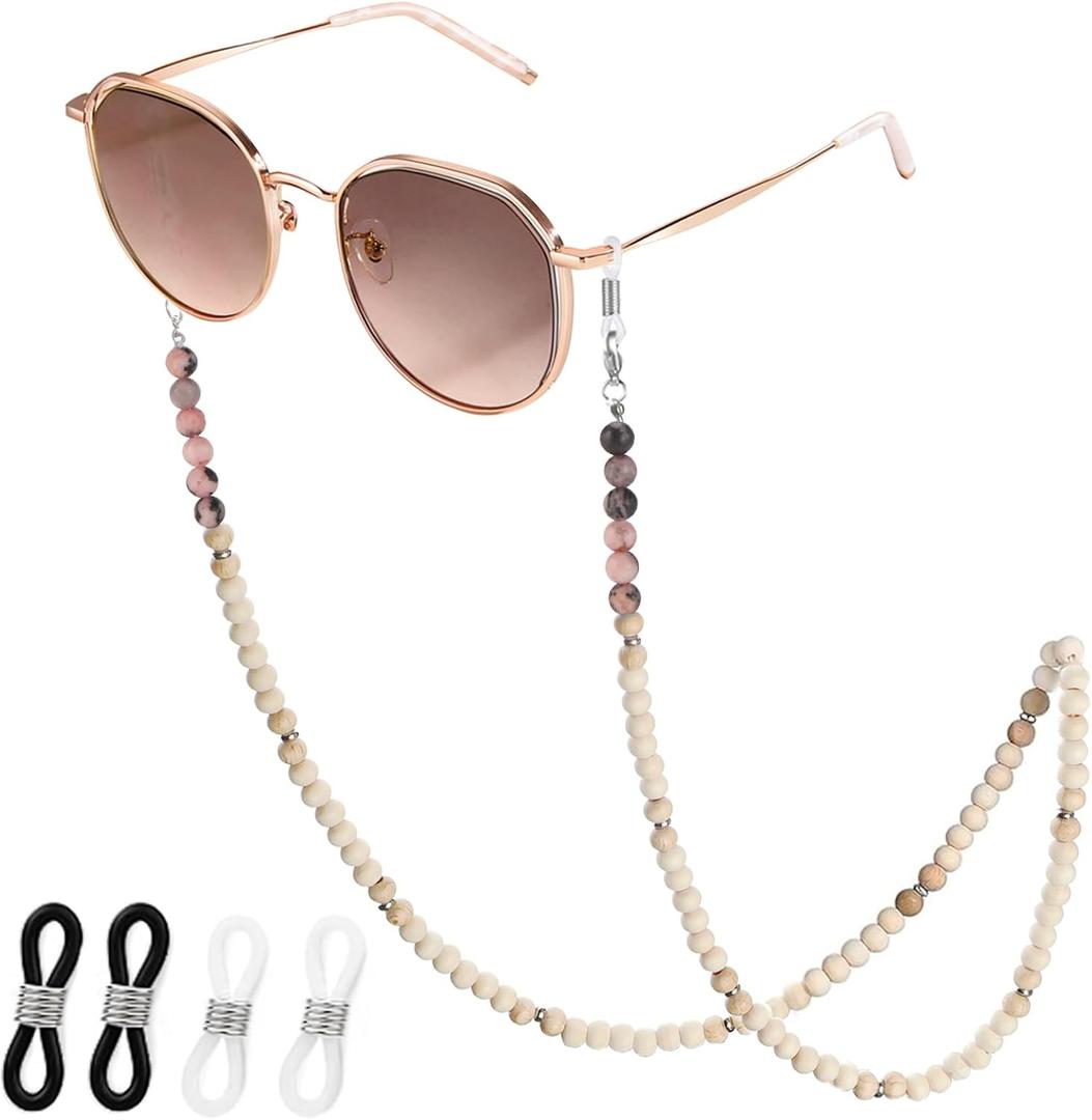 2 x Eyeglass Chains for Women Sunglasses Strap Wooden Bead Chain Natural Stone Beaded Mask Lanyard Chain (Pink Zebra Stone)