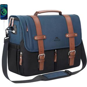 MATEIN Messenger Bag for School with USB Charging Port, Large Crossbody Satchel 15.6 inch Student College Laptop Bags with Shoulder Strap, Water Resistant Work Computer Briefcase for Office Commuting (Black-blue)