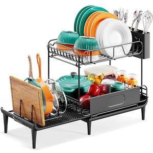 Urackify Dish Drying Rack for Kitchen Counter, Expandable 2 Tier Dish Rack, Large Capacity Dish Drainer with Drainboard Multifunctional Dish Strainer with Removable Cutlery Holder Black