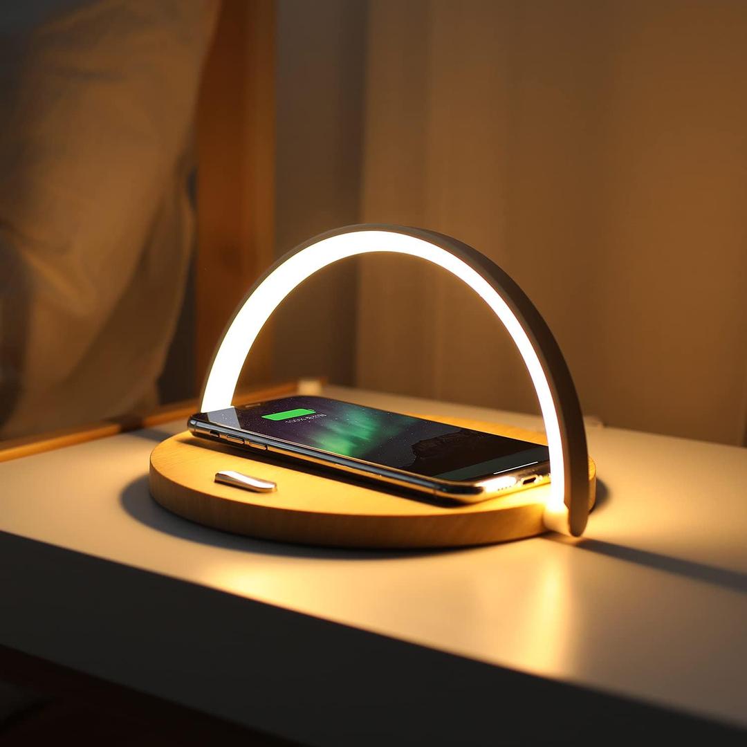 mooas Modern Simple Wireless Charging Nightlight (Wood), Max.15W Fast Wireless Charger, Touch Control, 3-Level Brightness, for Galaxy S24,S25,S26, iPhone 17,16,15, Airpods 4