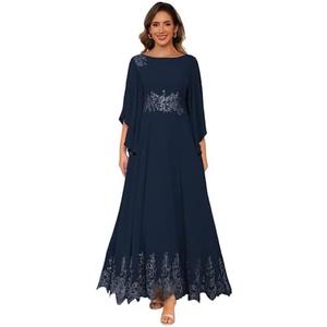 PUXIU Chiffon Long Sleeve Mother of The Bride Dresses Lace Appliques Round Neck Sequin Formal Dress PU253