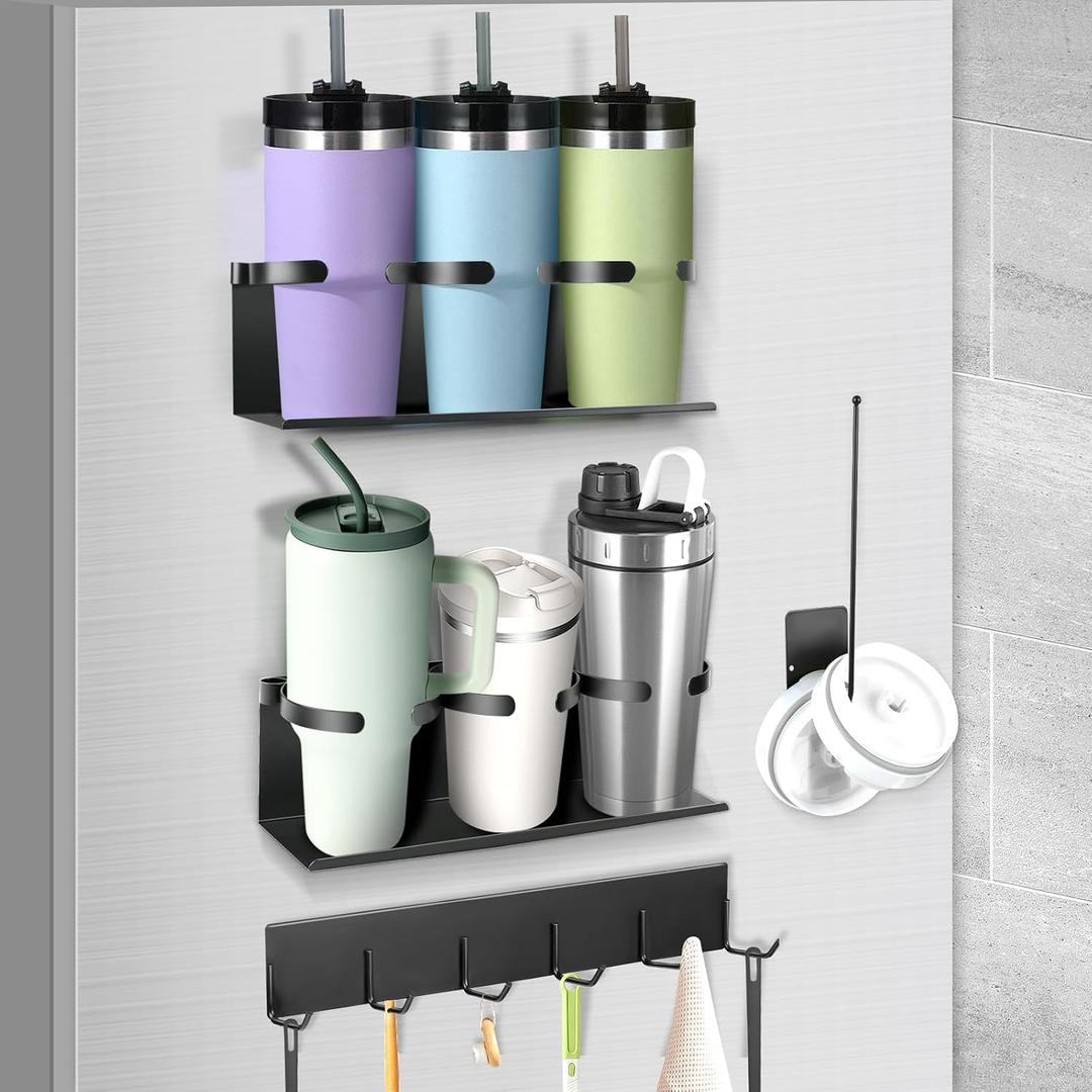 4 Pack Magnetic Cup Holder for Fridge, Magnetic Cup Holder with Tumbler Lid Organizer for for 20oz 30oz 40oz Cup, Water Bottle Organizer Rack with 7 Hooks for Kitchen Fridge Cabinets (Black, 6 Cups)