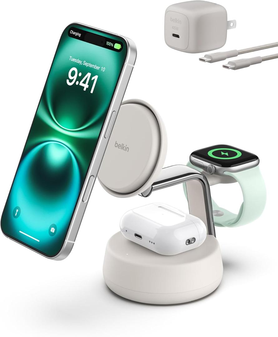 Belkin MagSafe Charger Compatible, 3-in-1 Charging Station, Qi2.2 25W w/Cooling Fan (On/Off Control) Magnetic Wireless Charger for iPhone 17, Apple Watch, AirPods, Pixel 10 (45W Adapter Included) (Sand)