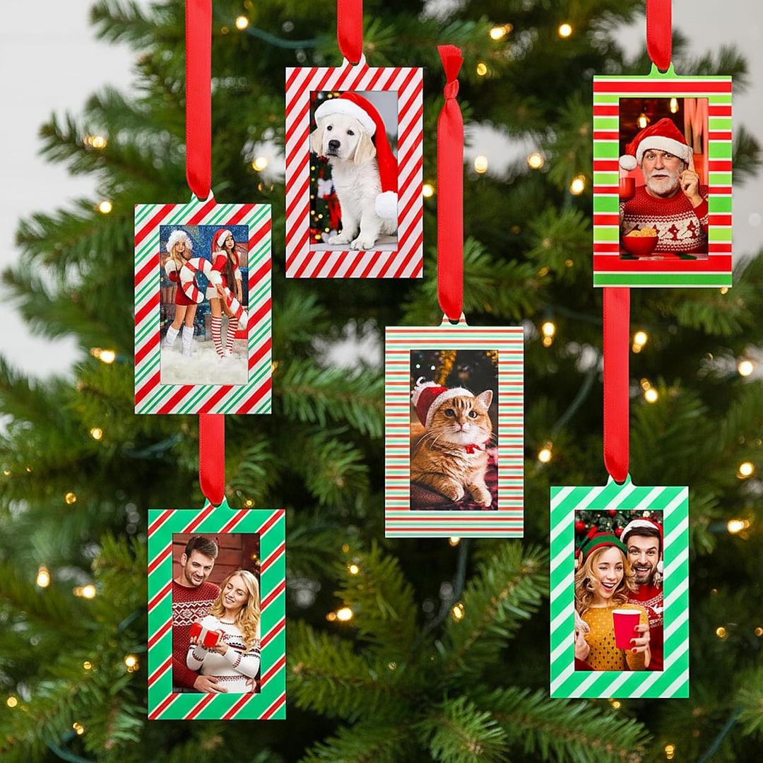 Marsui 12 Pcs Christmas Acrylic Photo Ornaments Hanging Picture Frame Ornaments for Christmas Tree 2 x 3 Inch Small Hanging Picture Frame for Xmas Tree Decoration Winter Holiday Gifts (Striped)
