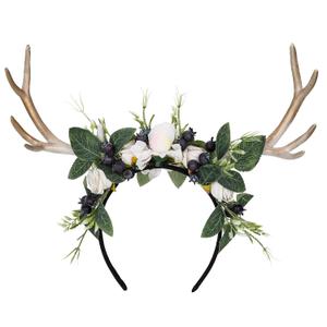 MOSTORY Handmade Deer Horns Headband - Flower Antler Hairband Woodland Reindeer Headpiece with Berries for Prom Renaissance Halloween Cosplay Accessory (White-gold)