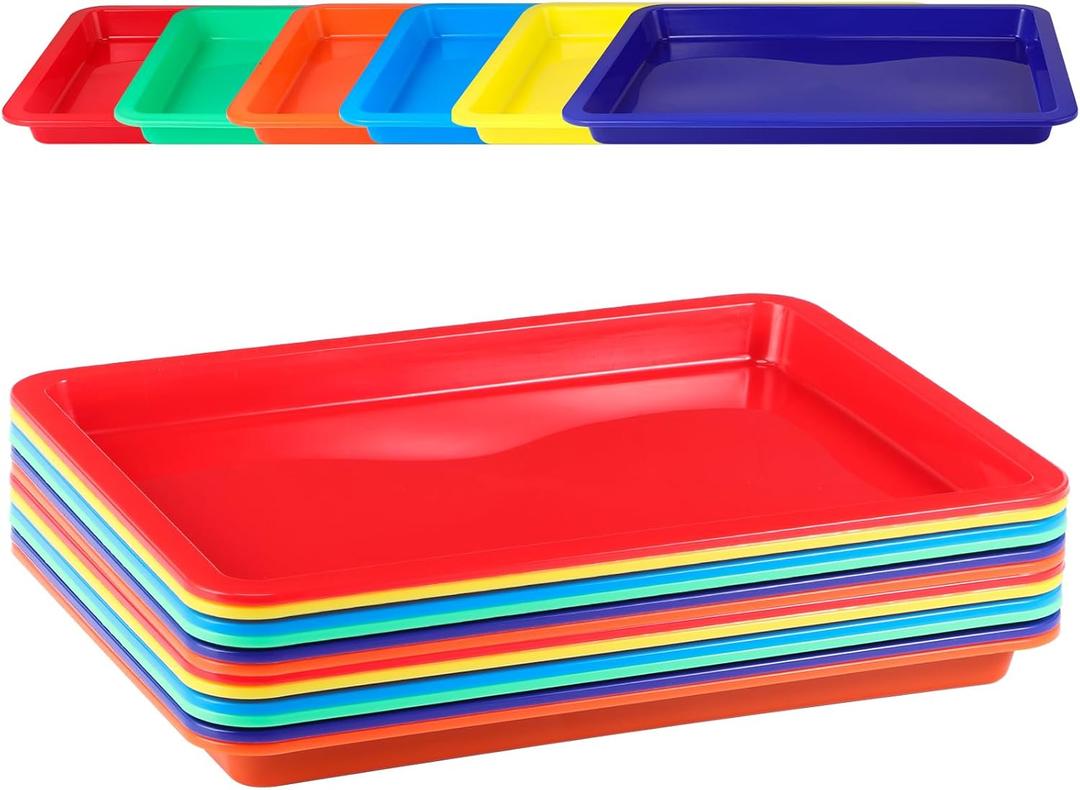 Zonon 24 Pcs Plastic Art Trays 13.3" x 9.8" x 1" Multicolor Stackable Modern Rectangular Plastic Trays with 15 Sheets Self Adhesive Paper Labels for Home, School, Office