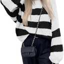 PRETTYGARDEN Womens 2024 Oversized Lantern Long Sleeve Striped Sweaters Fall Casual Crewneck Loose Chunky Knit Pullover Tops Size S