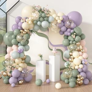 Amandir 173Pcs Dusty Green Purple Pink Balloon Arch Garland Kit, Lavender Pastel Blush Pink Yellow Mist Green Gold Confetti Balloons for Easter Shower Wedding Tea Wildflower Birthday Party Decorations