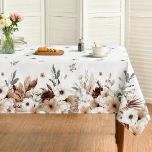 Horaldaily Spring Tablecloth 6084 Inch Rectangular, Boho Naturalistic Style Brown Flower Washable Seasonal Table Cover for Party Picnic Dinner Decor (White)