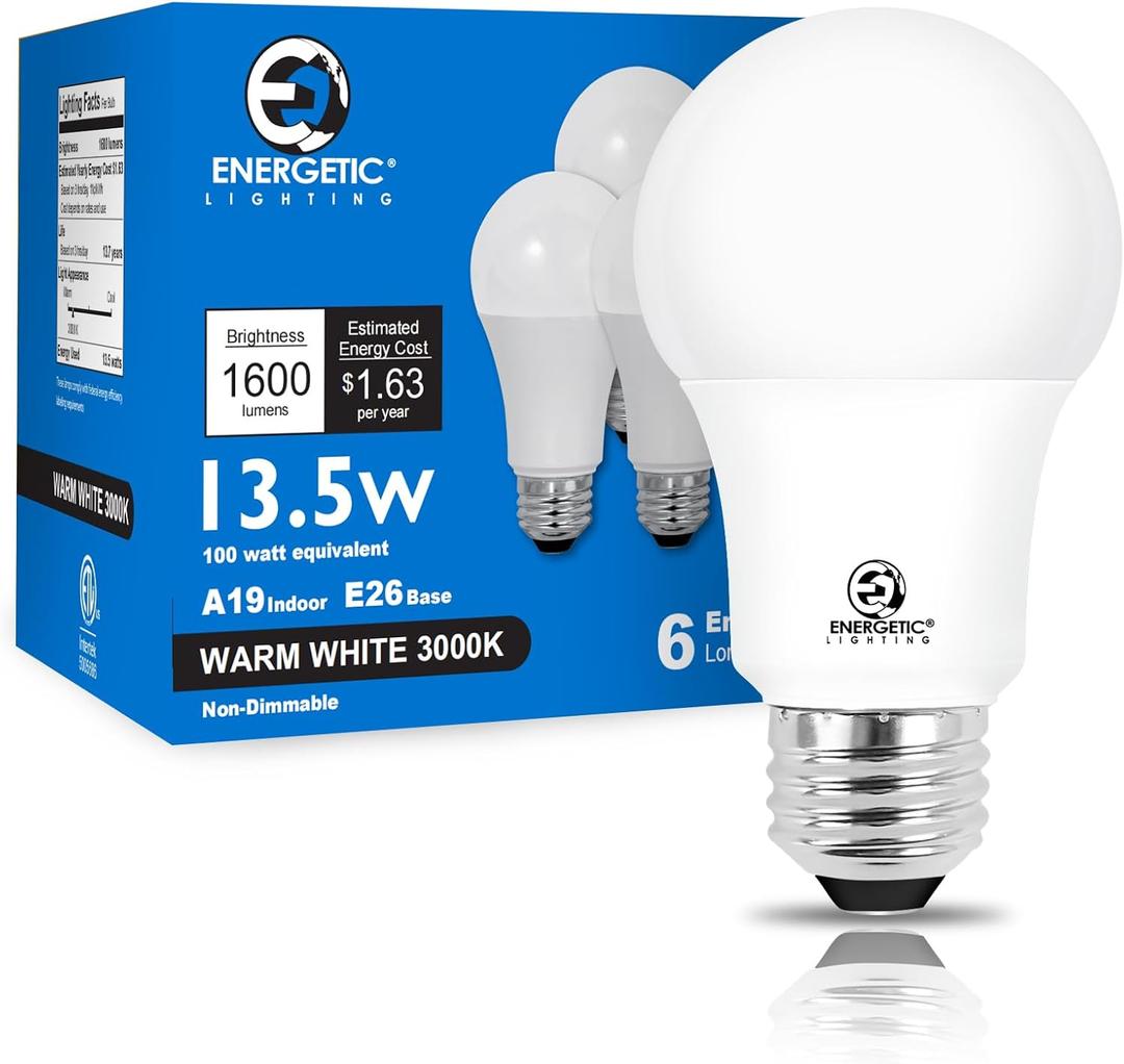 E ENERGETIC LIGHTING LED Light Bulbs 100 Watt Equivalent, Warm White 3000K, 1600LM Super Bright, Non-Dimmable A19 LED Light Bulbs, E26 Standard Base, ETL Listed, 6 Packs