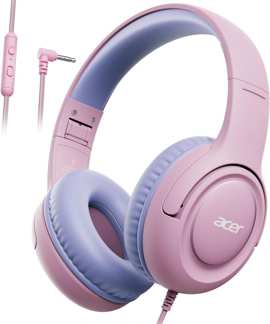 Acer Kids Headphones - Over-Ear 85/94dB Volume Limiter 3.5mm Jack Foldable Stereo Sound Headset for Toddlers Girls Boys Travel Learning Entertainment Tablet Kindle iPad PC,Pink Purple, HK03