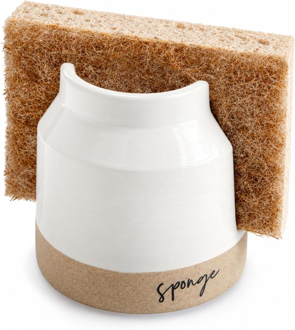 Mud Pie 41220001 Stoneware Sponge Holder, 3 1/2" x 3 1/2", Brown and White