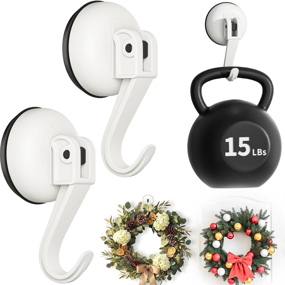 Ofiray-home Wreath Hangers, 2 Pack Heavy Duty Wreath Hangers for Front Doors/Windows/Over Door, No Drill & Reusable Suction Cup Hooks for Bedroom, RV, Bathroom and Home Storage Hooks(White)