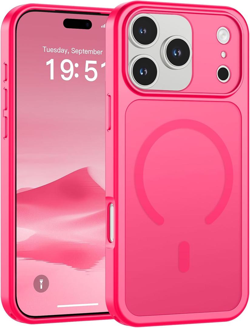 SUPFINE Magnetic for iPhone 17 Pro Max Case (Compatible with MagSafe)(Military Grade Drop Protection)(Camera Protection) Translucent Matte Shockproof Phone Cover,Hot Pink