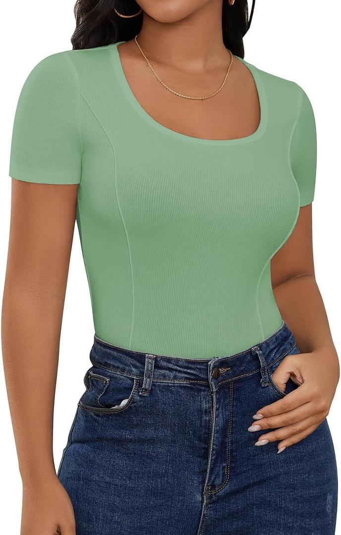 YATHON Womens Ribbed Knit Scoop Neck Basic Tops for Women Fitted Summer Short Sleeve Pleated Tshirt (Medium, Green)