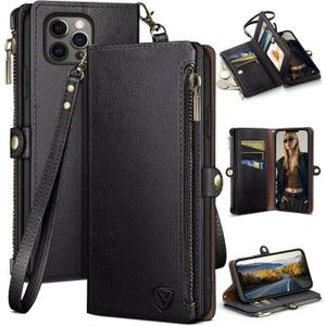 XcaseBar for iPhone 13 Pro 6.1" Wallet case with Zipper Credit Card HolderRFID Blocking, Flip Folio Book PU Leather Phone case Shockproof Cover Women Men for Apple 13 Pro case Black