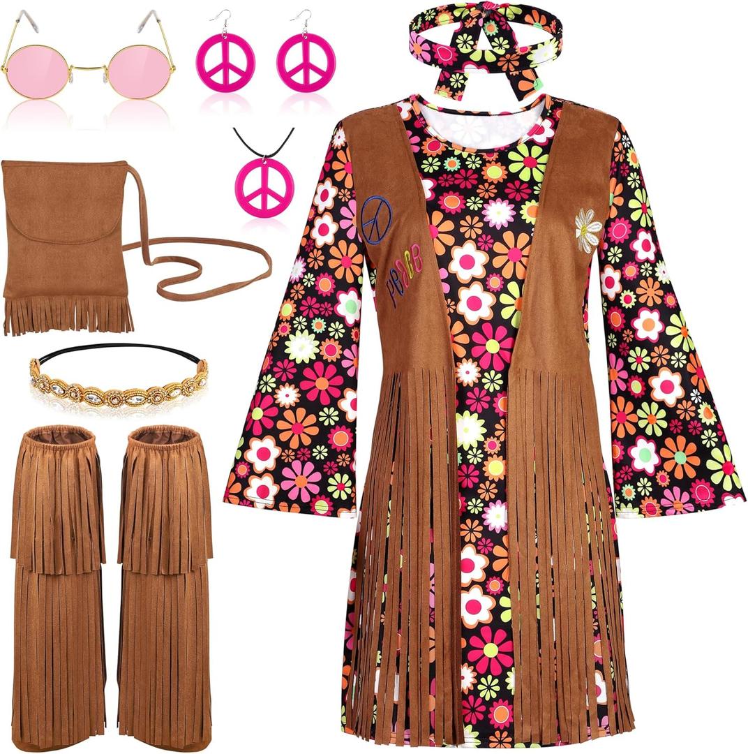 AOTHSO 8 Piece 70s Women Hippie Costume Peace Sign Earring Necklace Headband Dress Leg Sleeves Tassel Bag for Halloween Disco (X-Large, Black)
