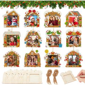 Thyle 36 Set Christmas Photo Frame Craft Kits DIY Wood Gingerbread House to Paint Ornaments Bulk Xmas Tree Hanging Picture Frames for Christmas Party Winter Activities Home Decorations Gifts