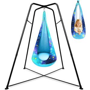 2026 New X-Shaped Sensory Swing Stand with Pod Swing & Chair, Heavy Duty Backyard Swing Sets, Indoor Outdoor Metal Hammock Frame Supports 500LBS (Blue with Star)
