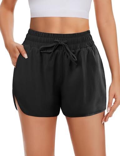 DDOBB High Waisted Running Shorts for Women with Pockets, 2.5" Black Athletic Workout Gym Yoga Spandex Dolphin Shorts M/L