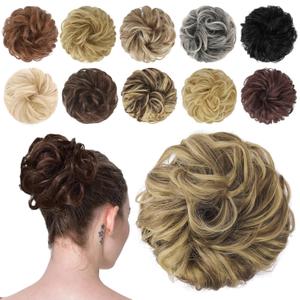 FESHFEN Messy Bun Hair Piece - Wavy Synthetic Chignon Scrunchies for Instant Volume, Elastic Bun Ponytail Hair Extensions Thick Hairpieces for Women, Ash Brown & Blonde 1.50 oz (Medium)