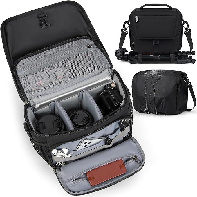 RAINSMORE Camera Bag, DSLR/SLR/Mirrorless Camera Case with Tripod Holder Waterproof Camera Sling Bag Crossbody Camera Bags for Photographers with Rain Cover for Canon/Nikon/Sony/Fuji, Khaki