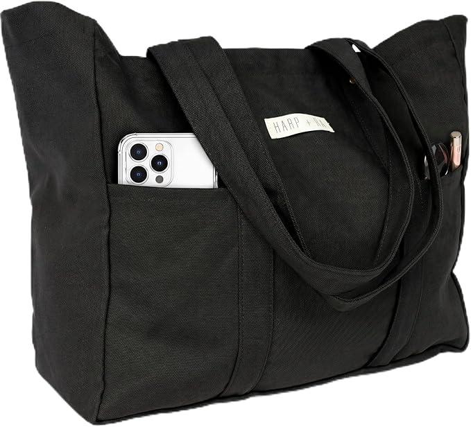 26L Harp + Ra XL Soft Unstructured Canvas Tote Bag for Women, Open Top, No Zipper, Laptop Sleeve, 3 Pockets, 23x18x7 in