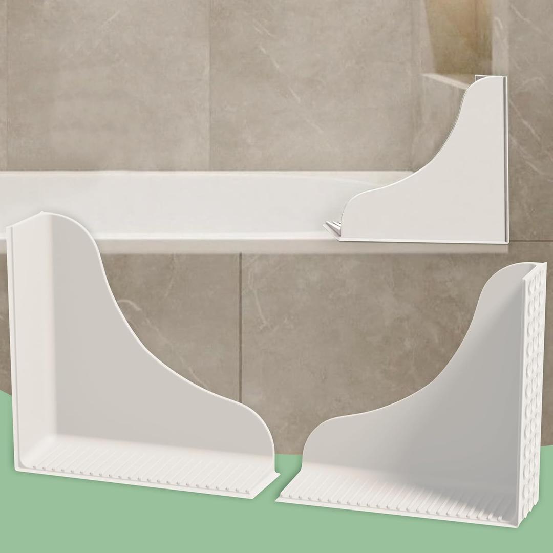 No-Adhesive 2-Pack All-Silicone Shower Splash Guard with Strong Suction Cups, Reusable Bath Tub Corner Water Blocker for Secure Seal&Easy RemovalKeep Water in Shower or Bath, One-Piece Design, White (Cloud Dancer White)