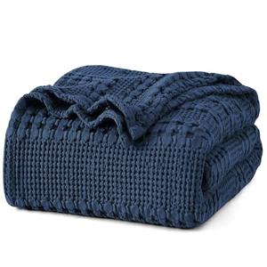 PHF 100% Cotton Waffle Weave Blanket Queen Size for Bed, Soft Lightweight & Breathable for Spring and Summer, All-Season Comfort, Luxury Aesthetic Blanket for Home Decor, 90"x90", Blue Sapphire Wet Box