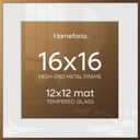 Homeforia 16x16 Picture Bronze Frame, High End Metal 16 x 16 Square Poster Frame with Mat 12 x 12 Photo, 16x16 Brass Frame Matted to 12x12 Print, 16by16 Thin Frames, Tempered Glass, Wall Kit, Set of 1