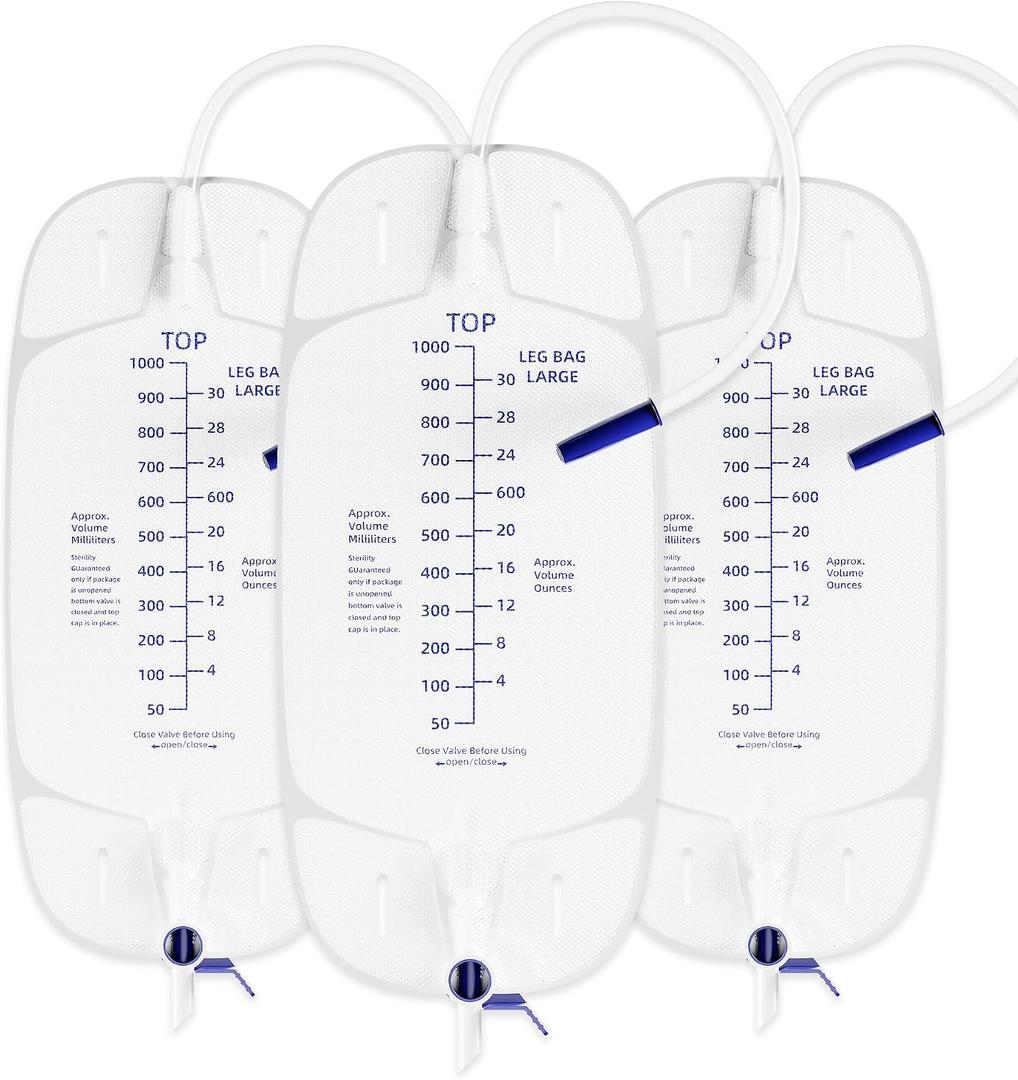 Urinary Drainage Leg Bags 1000ml Catheter Leg Bags with Anti-Reflux Valve and 2 Adjustable Elastic Cloth Straps, Easy Drainage Flip, 3 Pack
