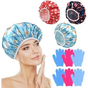 Pack of 2 my novel things Shower Cap Reusable Waterproof 3PC with Exfoliating Bath Gloves 3 Pairs, Large Shower Caps for Women Satin Lined Long Hair Locs Curly All Hair