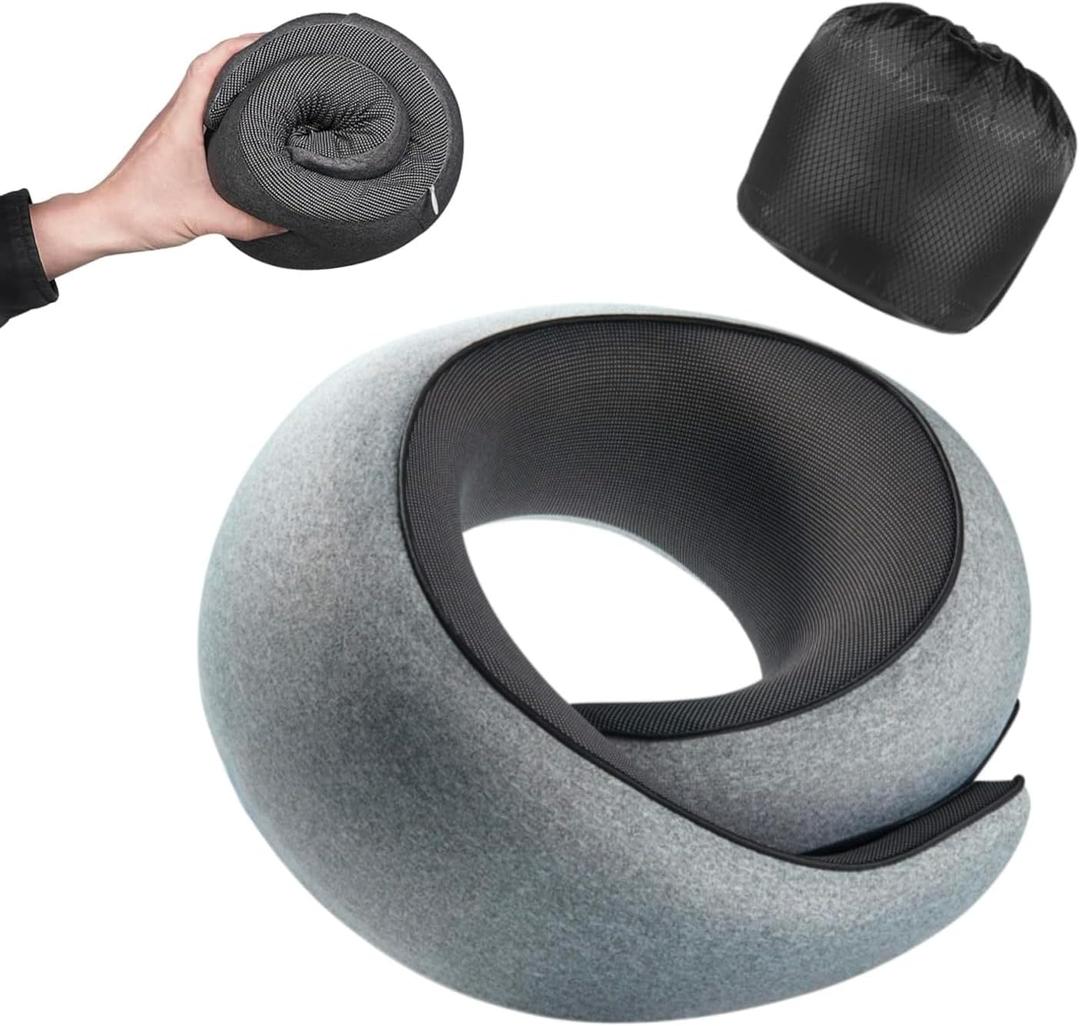 Optixion Travel Pillow, 100% Pure Memory Foam Neck Pillow for Airplanes, Comfortable Breathable Cover, Travel Essentials for Plane, Car, Train and Home, Gray