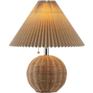 JONATHAN Y 17.25" Natural/Chrome/Dark Beige Sphere Table Lamp, Mid-Century Bedside Nightstand with Beige Pleated Linen Shade, Scandinavian Coastal Style, LED Bulb Included (JYL1145C)