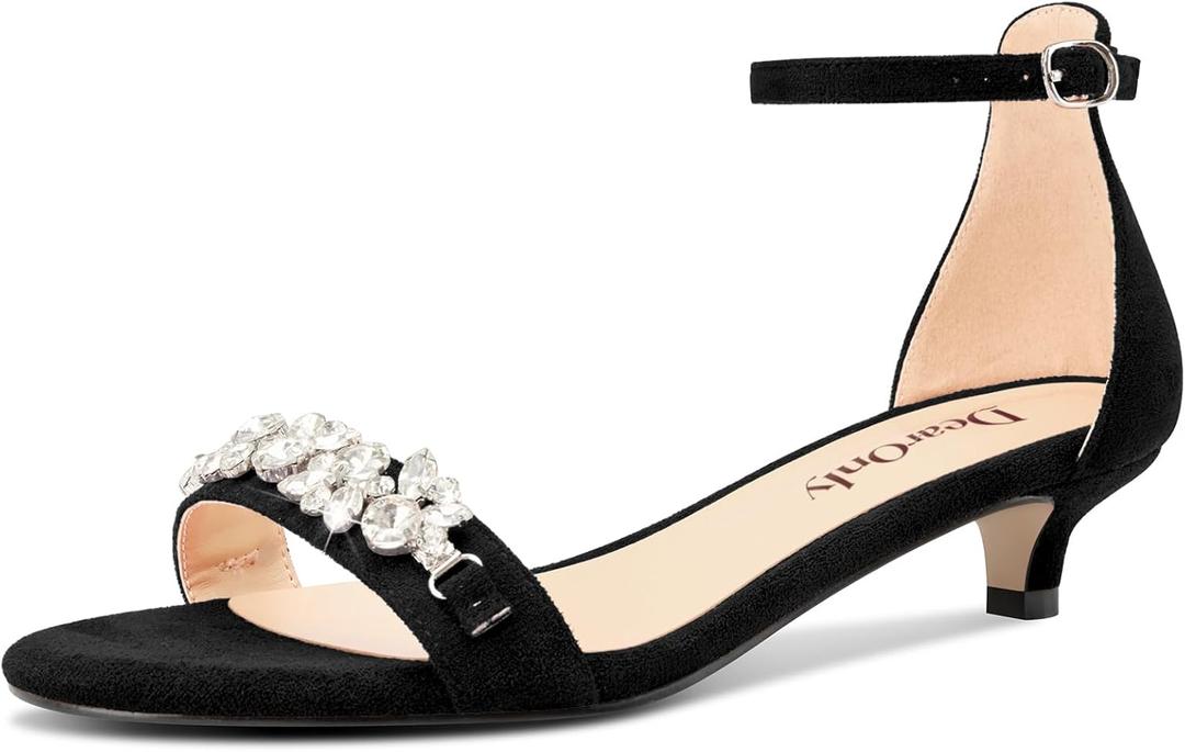DearOnly Womens Low Kitten Heel Peep Open Toe Ankle Strap Sandals Rhinestone Crystal Buckle Office Summer Dress 1.4 Inches Heels Black 12 M US