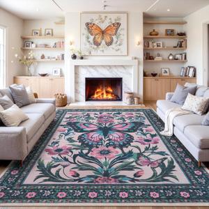 Boho Uphome Washable Living Room Rug, 9x12 - Soft Modern Dining Room & Cute Pink Butterfly Throw for Bedroom & Office
