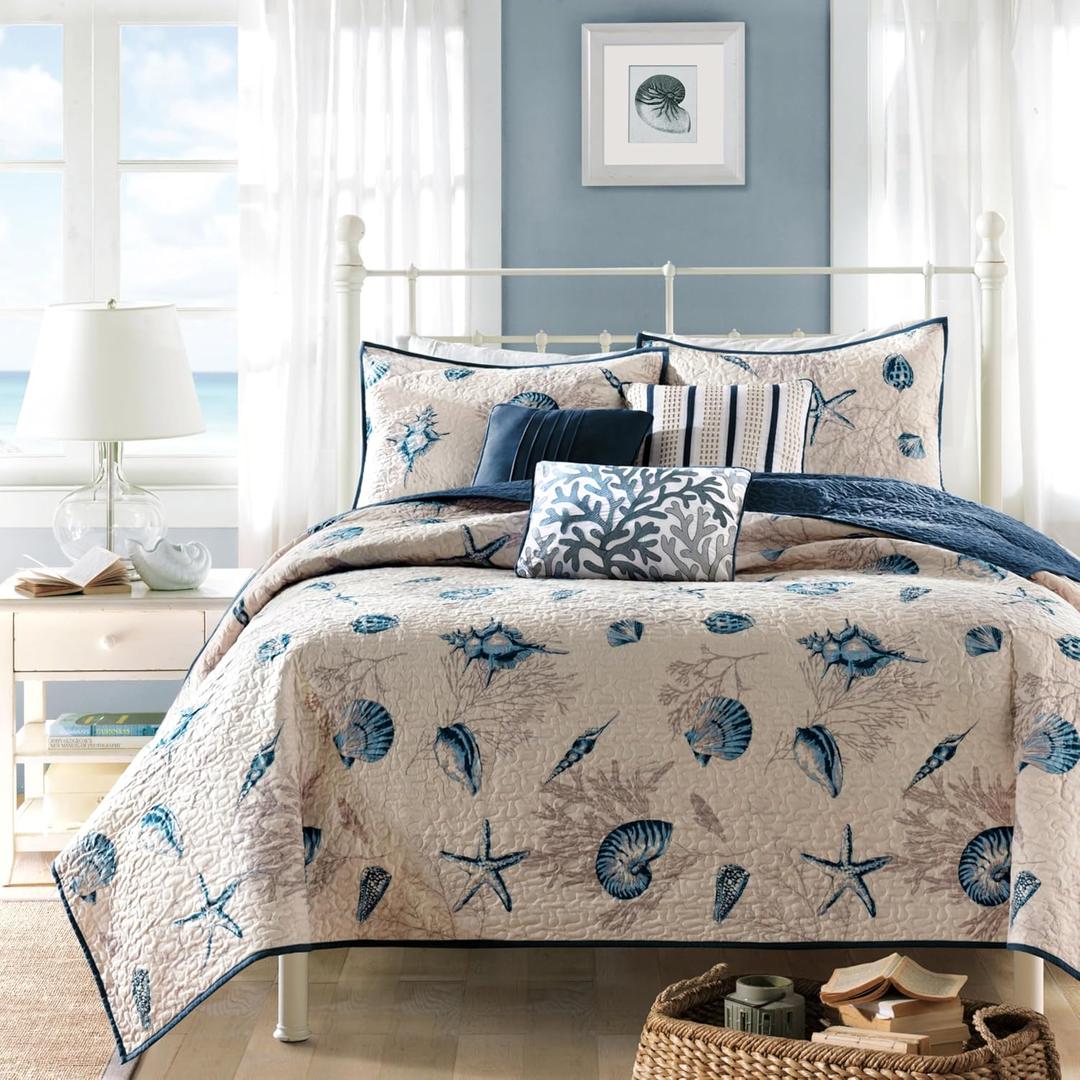 Madison Park Quilt Set Cottage Coastal Design, Starfish Print - All Season, Coverlet Bedspread Lightweight Bedding Layer, Shams, Toss Pillows, Full/Queen(90"x90"), Bayside Blue/Ivory 6 Piece
