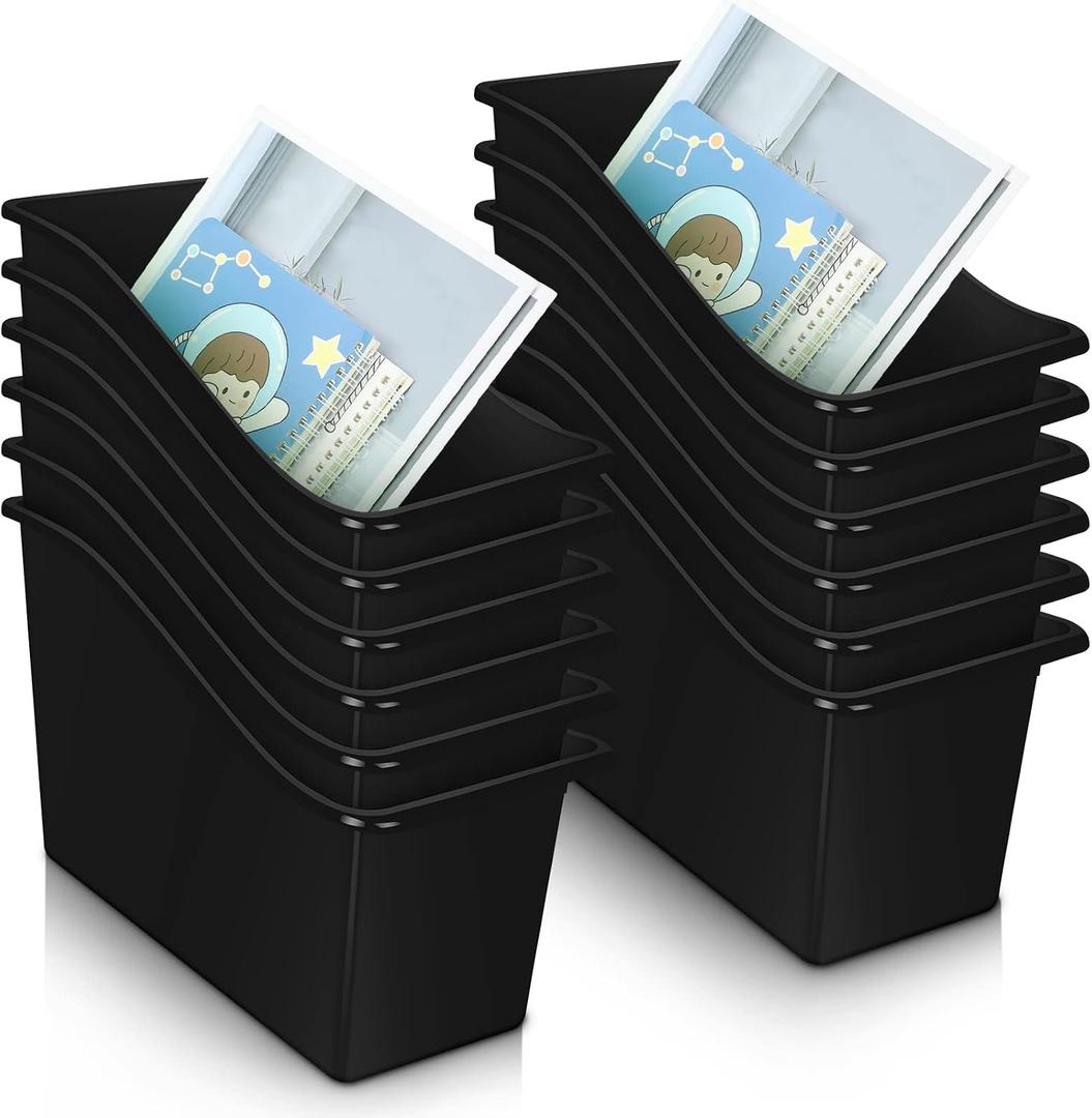 Fuutreo 12 Pieces Book Bins for Classroom Plastic Binder Holder Magazine Stuff Folder File Organizer Box for Home Office School Supplies (Black)