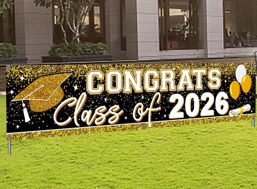 Large Congrats Grad Banner Gold Class of 2026 Banner Backdrop Graduation 2026 Yard Sign for Graduation Party Supplies Graduation Decorations 2026 (Gold)