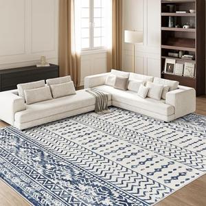 Art&Tuft 6x9 Area Rug, Super Soft Ultra-Thin Moroccan Washable Rug, Anti-Slip Backing Rugs for Living Room, Foldable Geometric Machine Washable Area Rug(6'x9', Blue)