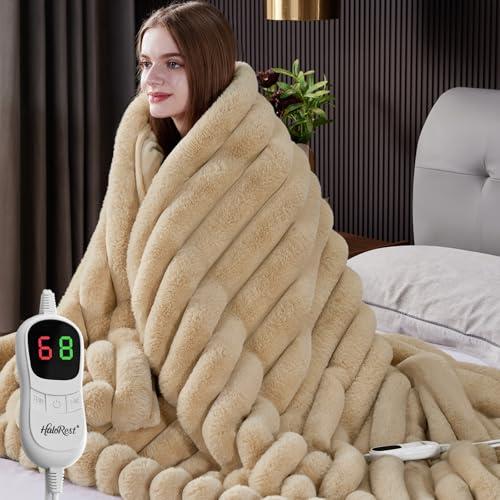 HaloRest Heated Blanket Full Size, Faux Fur Cozy Heating Blanket with Overheat Protection, 1/2/4/6/8 Hours Auto-Off 10 Heat Level, Machine Washable (72x84 Inches, Beige)