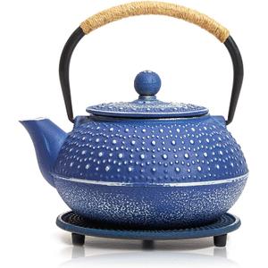 Juvale Cast Iron Teapot with Infuser - Blue, 27 oz (800 mL) - Stovetop Tea Kettle for Loose Leaf Tea - Includes Stainless Steel Infuser & Trivet