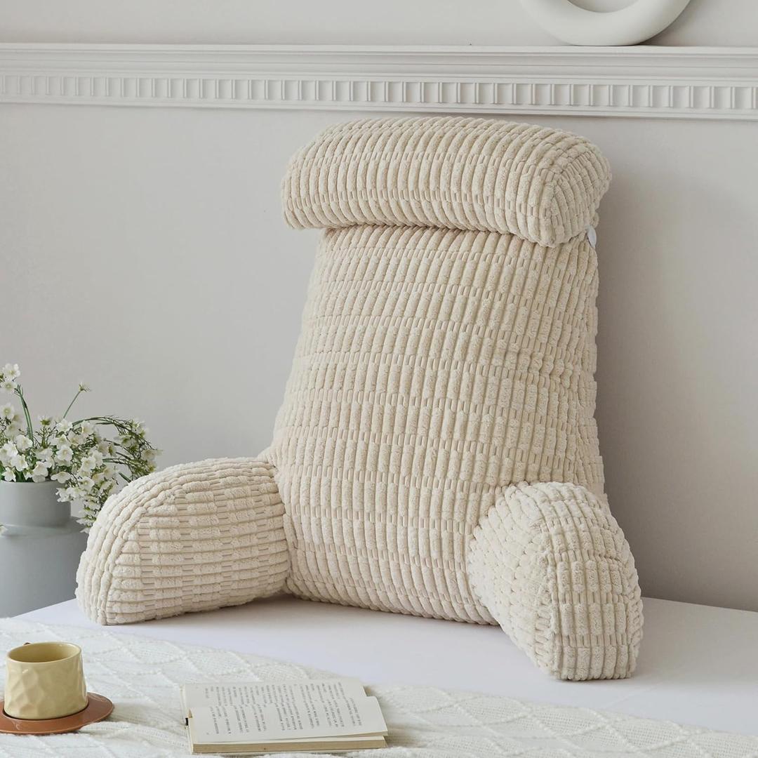 WERDIM Reading Pillow with Detachable Neck Roll, Large Back Pillow for Sitting Up in Bed Couch, Adult Bed Rest Pillow with Arms for Reading/Watching TV/Gaming, Beige