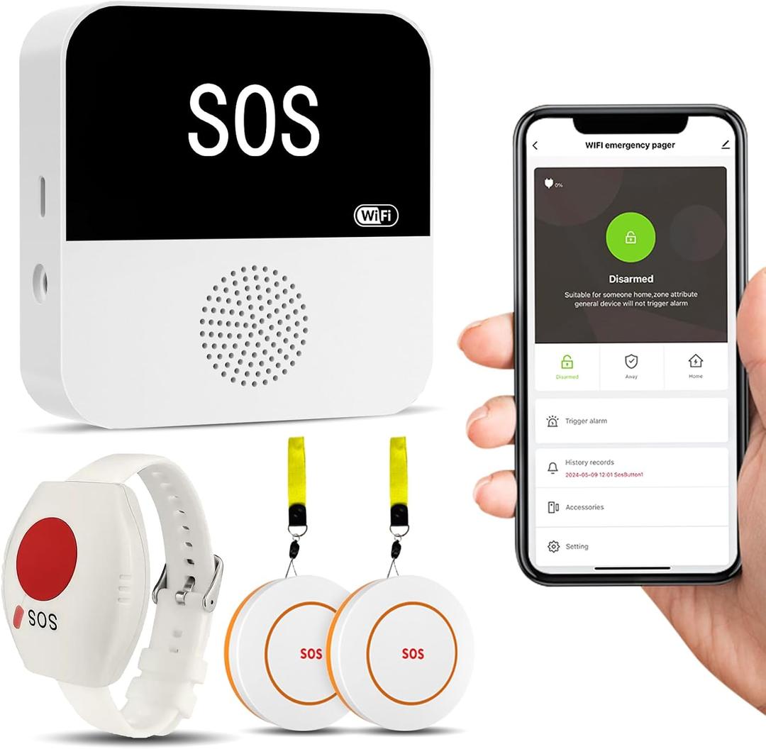 PILSAMAS WiFi Caregiver Pager Wireless Call Button with App Alert, Medical Alert Systems for Seniors No Monthly Fee- 2 Caregiver Call Button + Wristband Panic Button, Alert Button for Seniors at Home