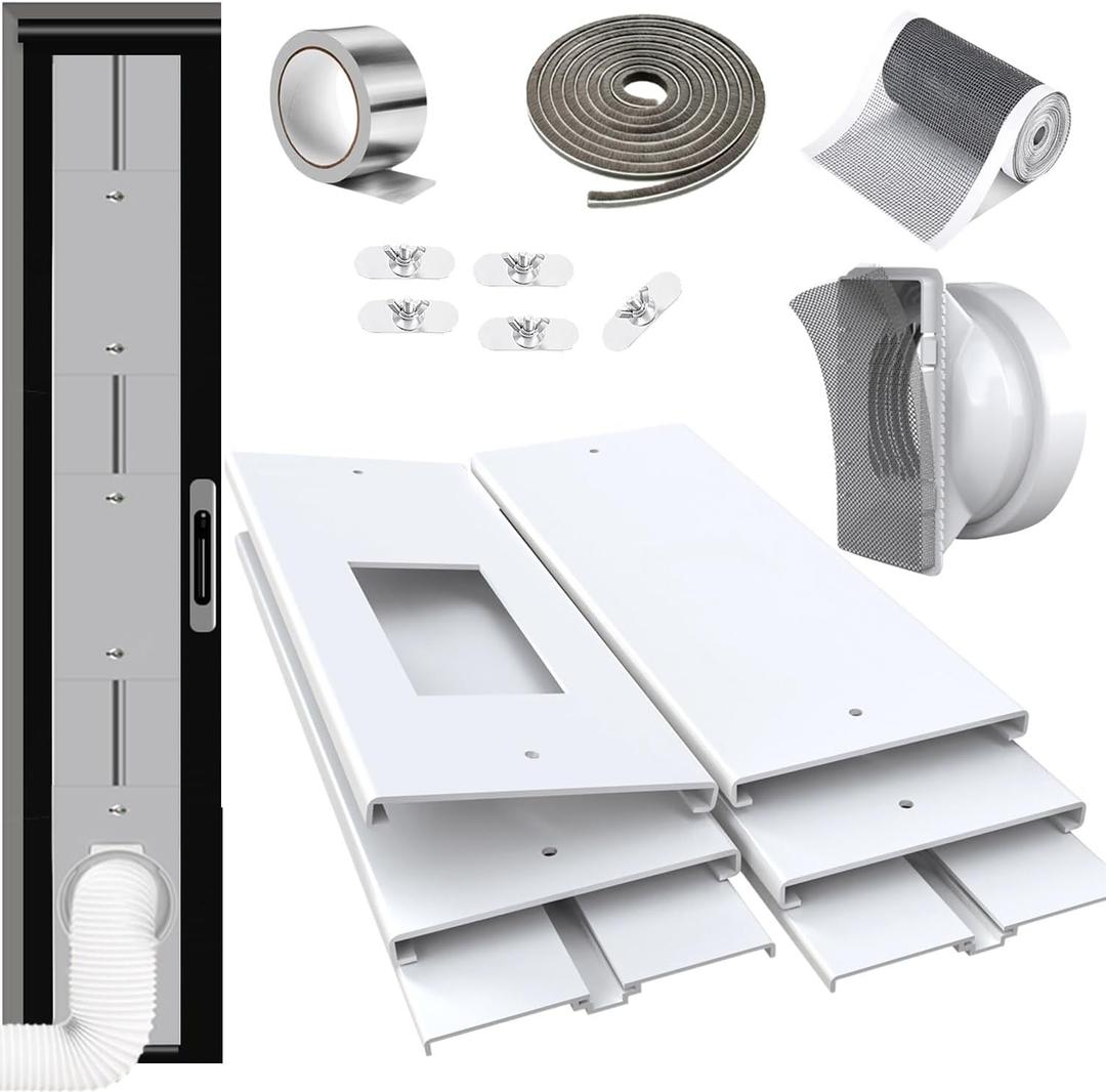 Max 95"Sliding Door Air Conditioner Vent Kit with Screen net & 2 weather strippings Energy Saving Airtight Universal 5.0/5.9 Inch AC Hose Coupler Portable AC Balcony Door Plates kit