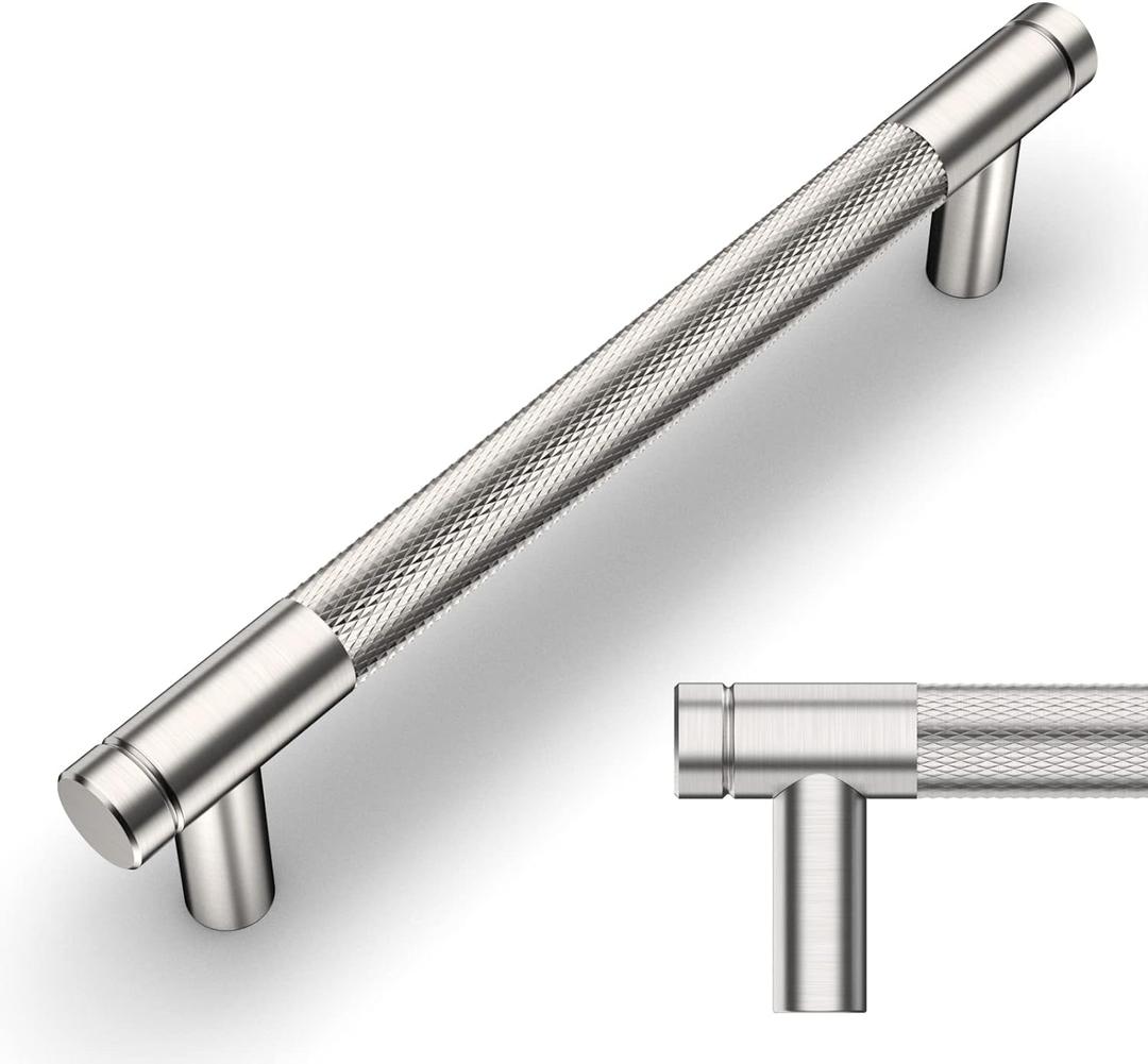 Amerdeco 10 Pack Brushed Satin Nickel Knurled Cabinet Pulls 5 Inch Center to Center Kitchen Cabinet Handles for Drawer Dresser, Cupboard and Wardrobe ZH0031 (5"/128MM Hole Center)