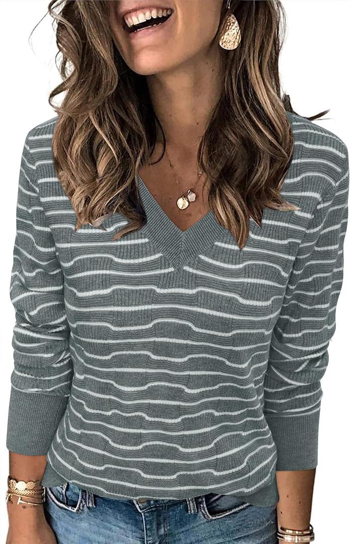 Arach&Cloz Women's Soft V Neck Long Sleeve Fall Casual Regular Fit Sweater Tops (Gray)