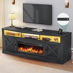YITAHOME Farmhouse TV Stand with Fireplace for 75/80 Inch TVs, Entertainment Center with LED Lights for Living Room, 36" Electric Fireplace, Media Console with Barn Door Cabinet, Black