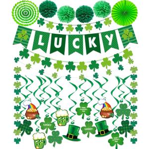 3 x St Patricks Day Decorations Pre-Assembled Shamrock Lucky Banner Garlands Clover Hanging Swirls Irish Decor for Home Saint Patrick Party Supplies